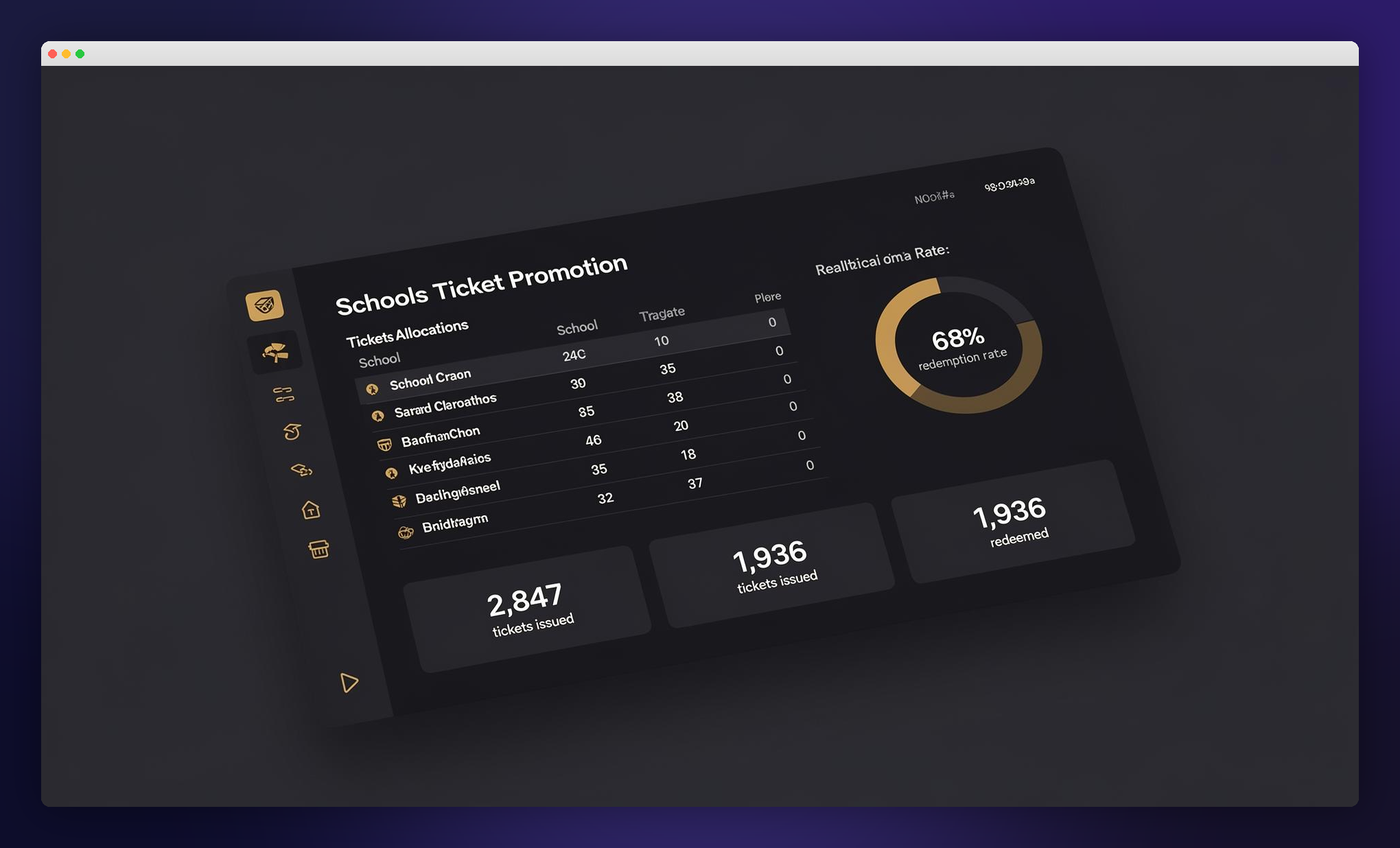 Magpie Tickets dashboard mockup showing a dark admin interface with ticket inventory tables, sales metrics and gold accent highlights, framed in a macOS-style window over a midnight gradient backdrop.