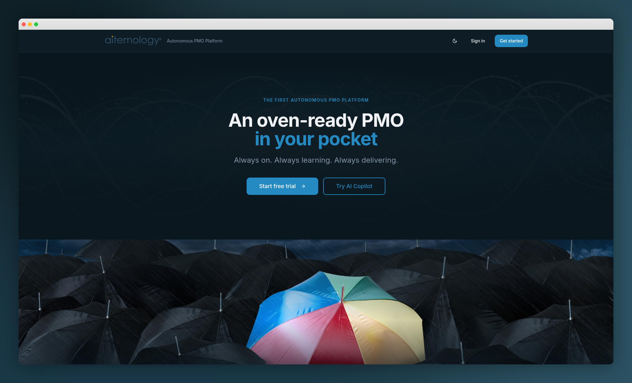 Azure Minds Hub marketing site hero with the headline ‘An oven-ready PMO in your pocket’, set in a calm ocean-blue gradient frame with a macOS window chrome.