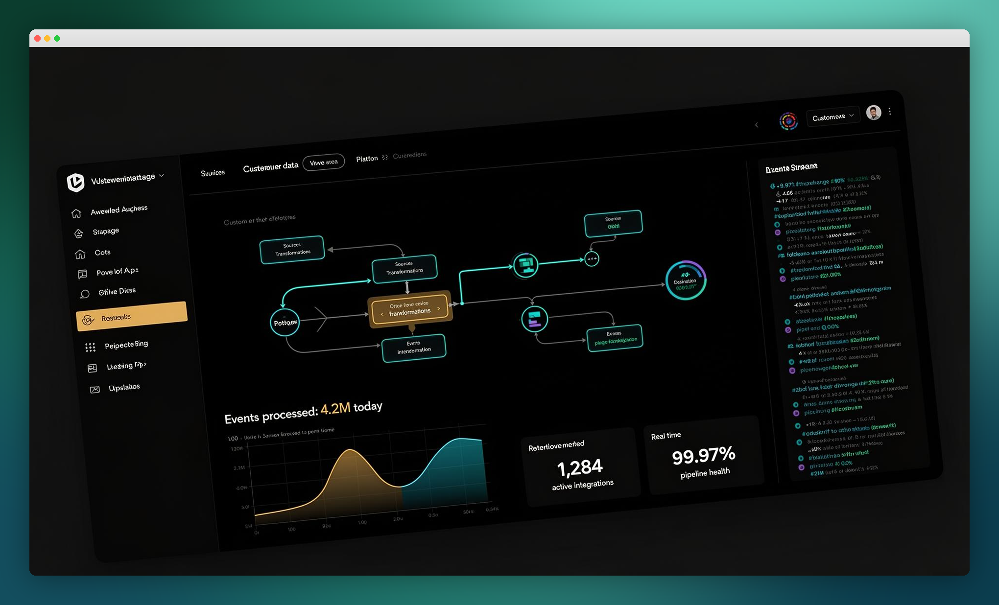 PDS NextGen CDP product mockup showing a customer data platform interface with segmentation panels and analytics charts, presented in a macOS window over an aurora-toned gradient.
