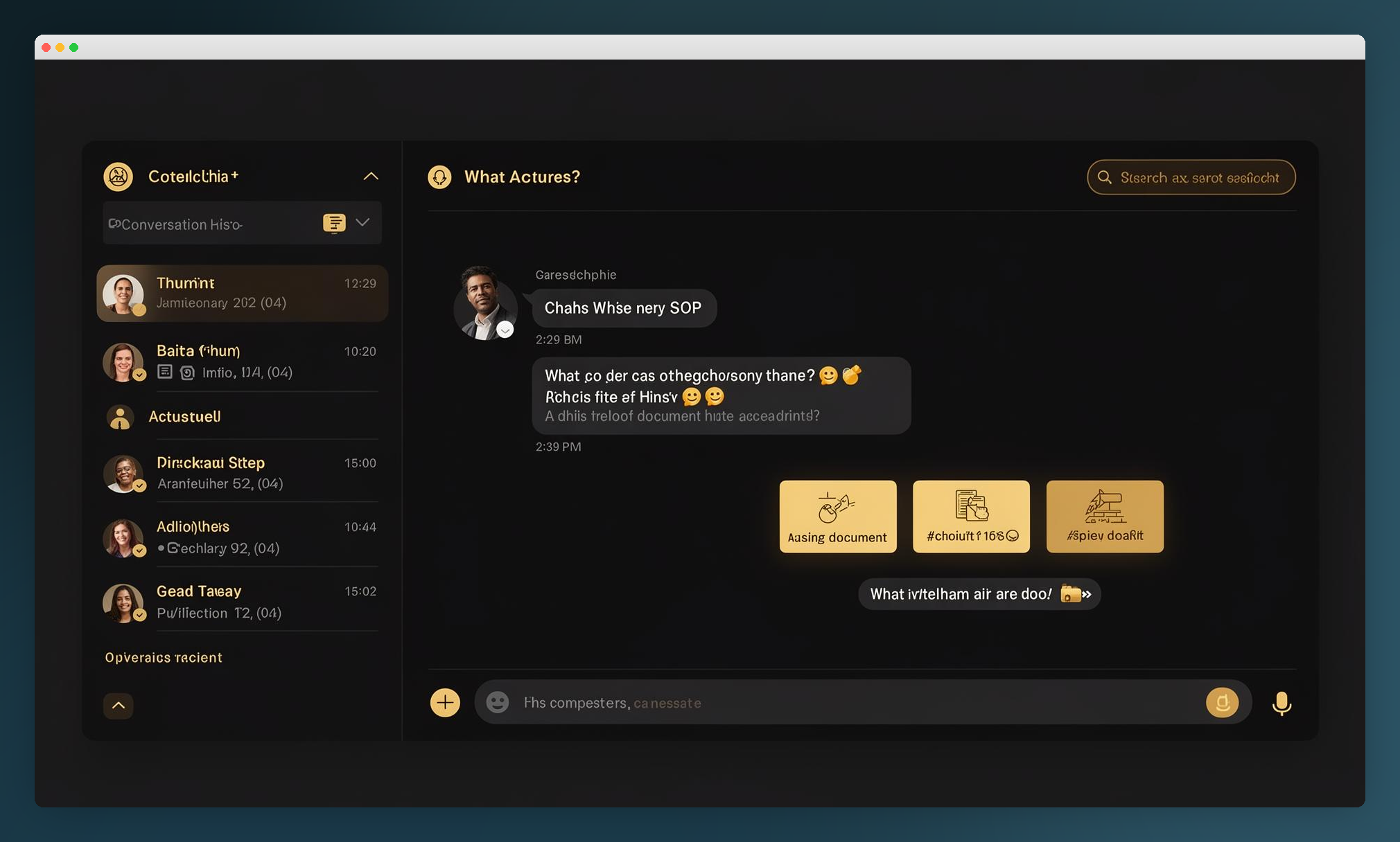 Internal AI copilot mockup showing a chat thread with cited document chips, a sidebar of recent conversations and a composer , framed on an ocean gradient.