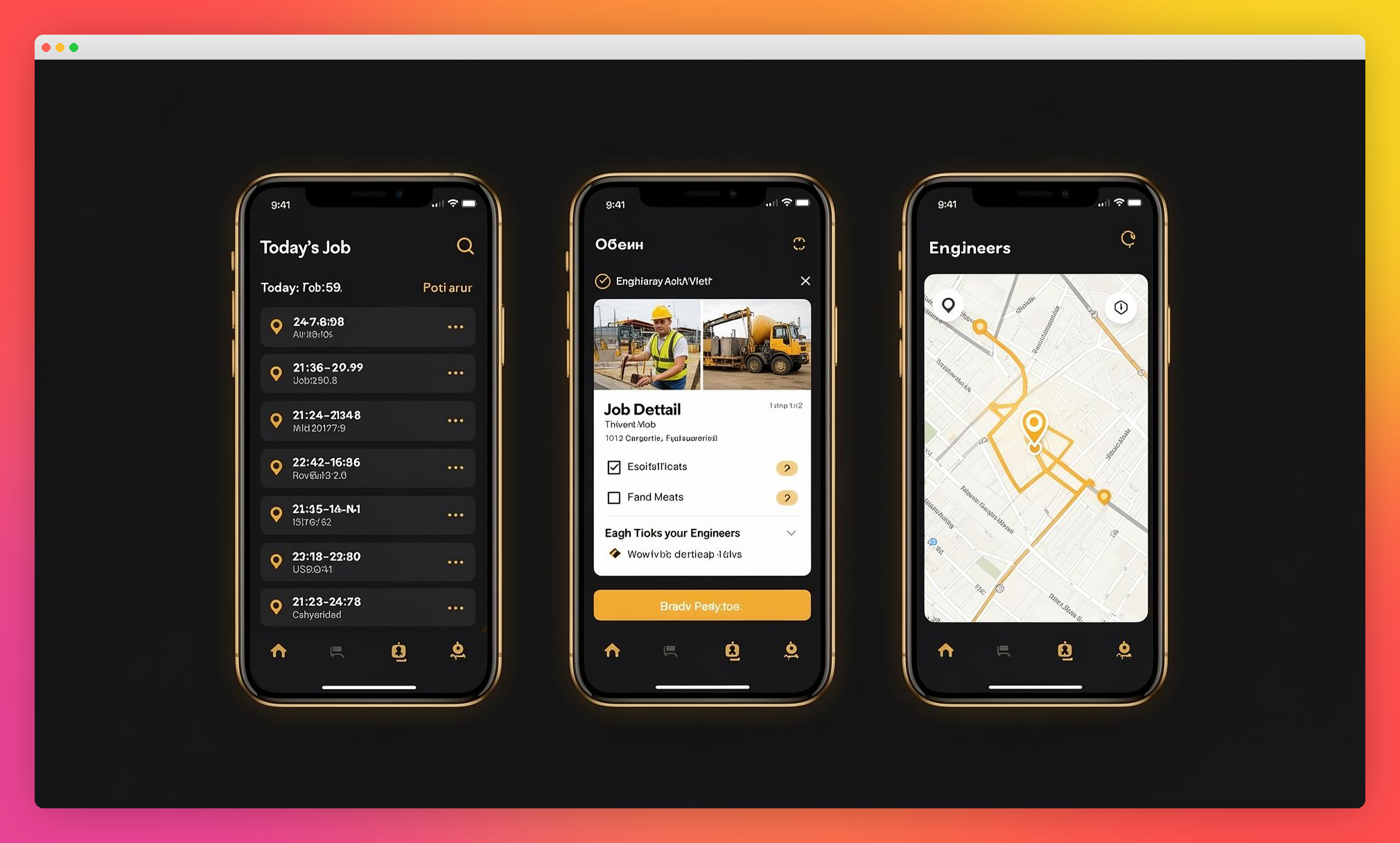 Field service mobile app mockup showing three phone screens , today's job list, a job detail with checklist and photo capture, and a route map , framed on an ember gradient.