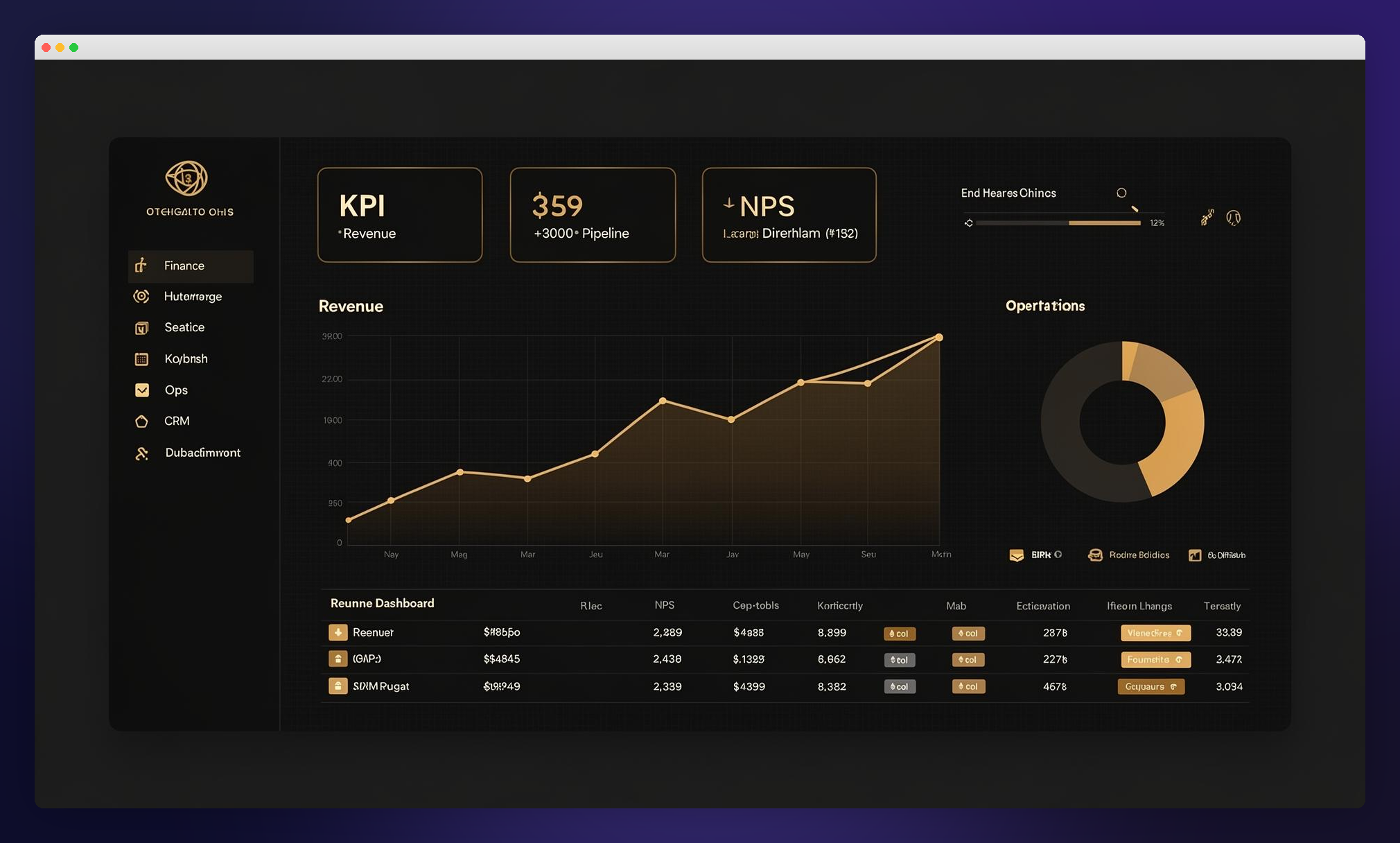 Operations dashboard mockup with side navigation, KPI tiles, a revenue area chart, donut chart and data table , framed in a macOS-style window on a midnight gradient.