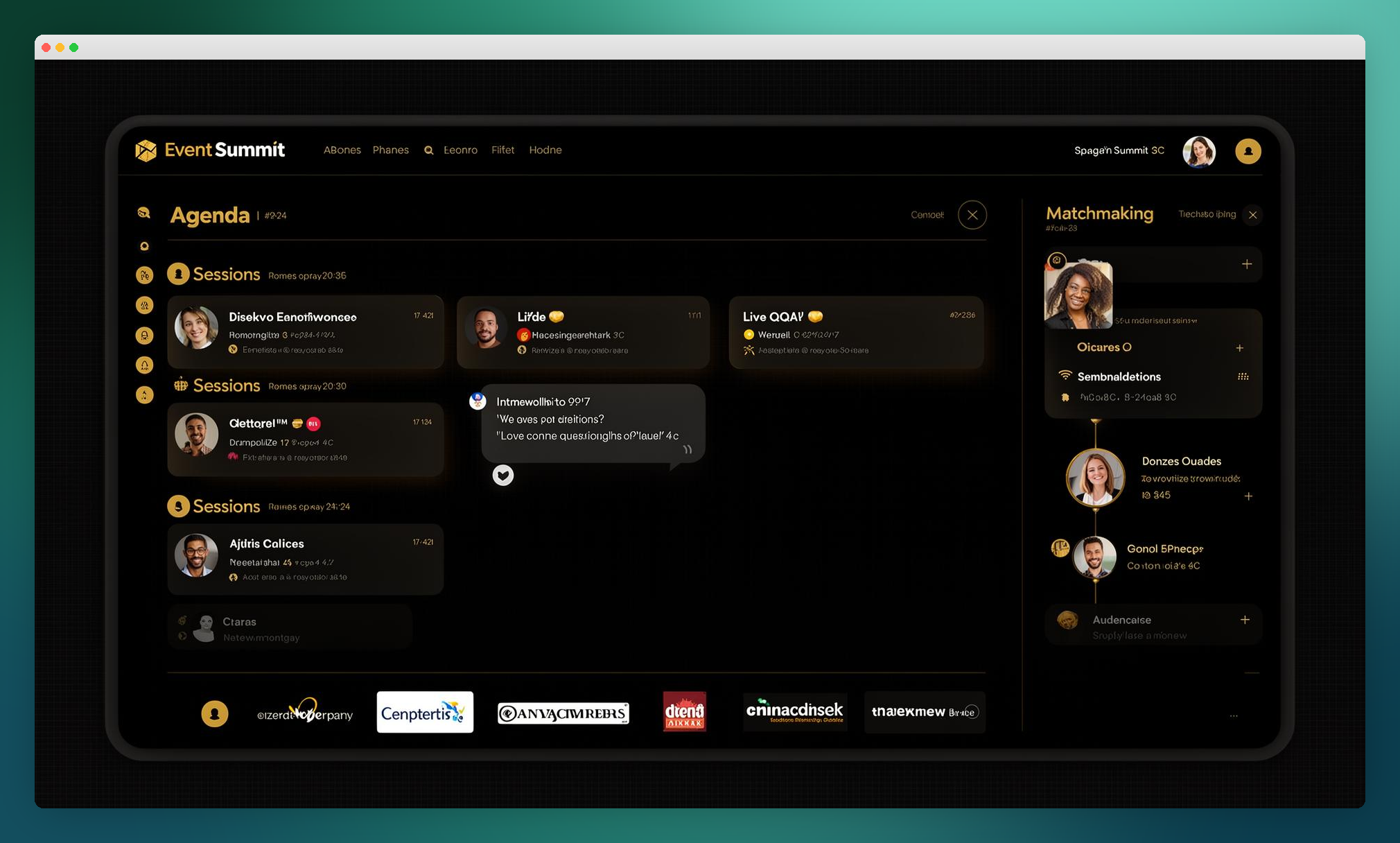 Event summit PWA mockup with agenda session cards, live Q&A panel, matchmaking sidebar and sponsor row , framed in a macOS-style window on an aurora gradient.